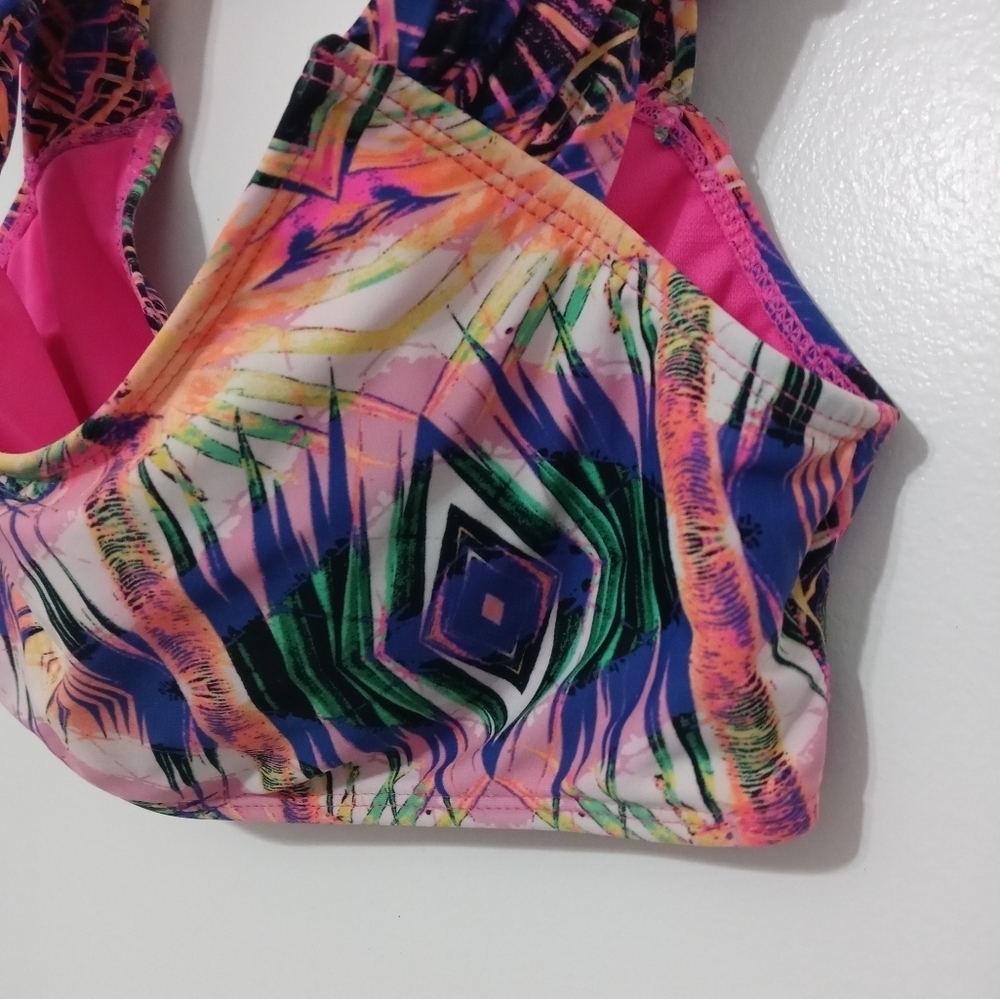 Apollo Swim Coral Tropical  pink/Purple Padded Bralette Swim top w Ruched Straps - Picture 2 of 5